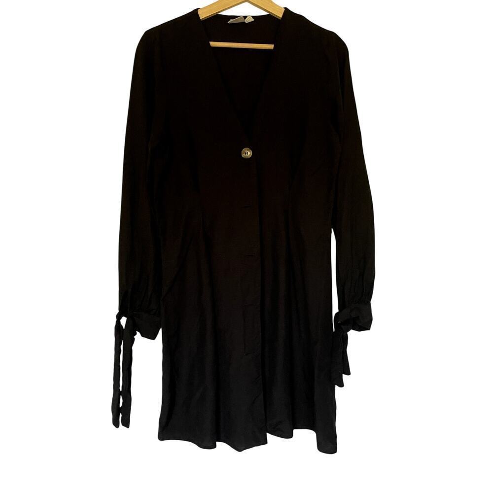 ASOS Button Down V-Neck Dress 8 Black Women Long Sleeve Linen Blend